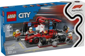 Lego city formula 1 parada en boxes y equipo de mecánicos con coche ferrari